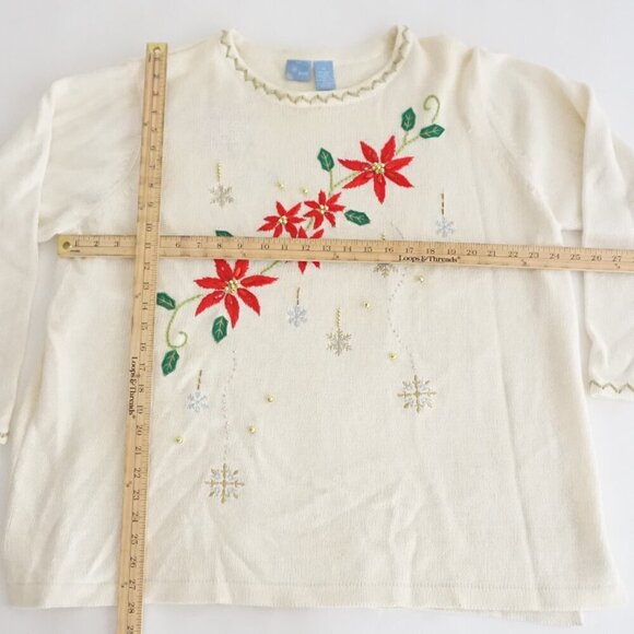 Vintage Holiday Edition Cream Gold Poinsettia Embroidered Christmas Sweater 3X - Picture 2 of 13